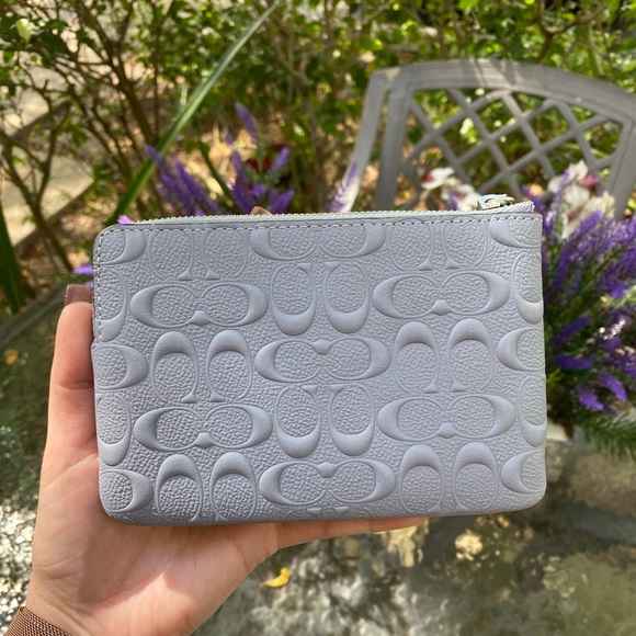 Coach Light Blue Embossed Logo Zippered Wristlet - Picture 10 of 16